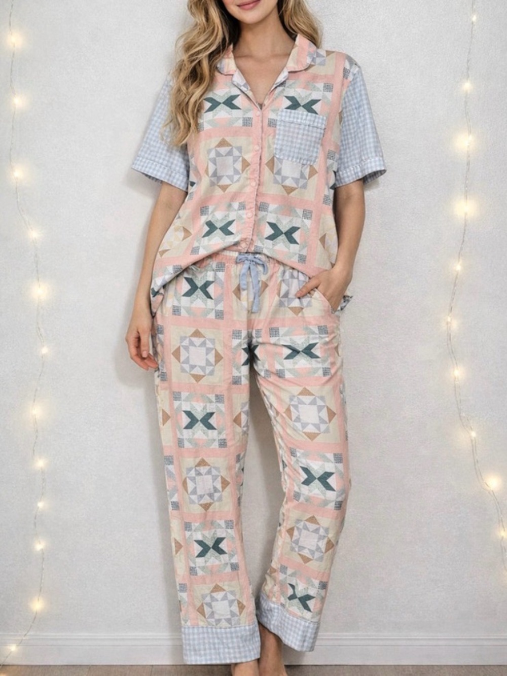 Lands End pajama set patchwork design Large 14-16-short sleeve cropped